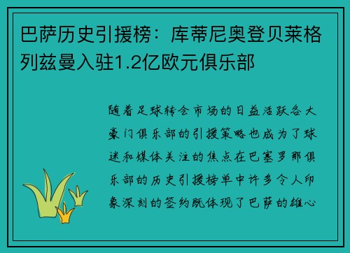 巴萨历史引援榜：库蒂尼奥登贝莱格列兹曼入驻1.2亿欧元俱乐部