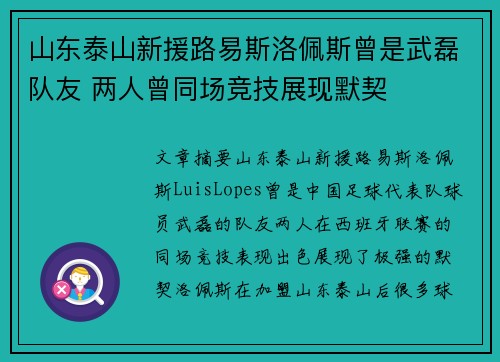山东泰山新援路易斯洛佩斯曾是武磊队友 两人曾同场竞技展现默契