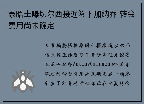 泰晤士曝切尔西接近签下加纳乔 转会费用尚未确定