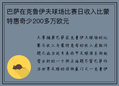巴萨在克鲁伊夫球场比赛日收入比蒙特惠奇少200多万欧元