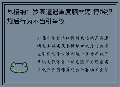 瓦格纳：罗宾遭遇重度脑震荡 博埃犯规后行为不当引争议